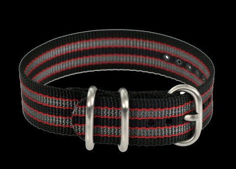 18mm Black, Red and Grey Zulu Military Watch Strap in Ballistic Nylon